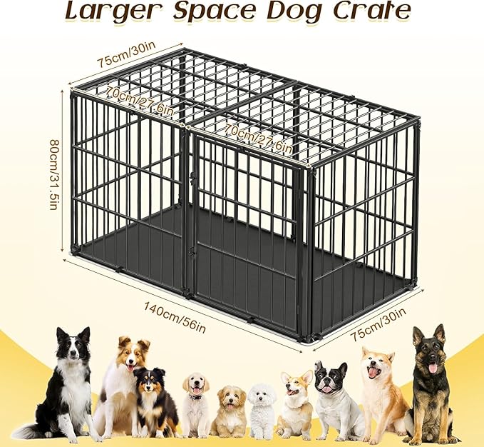 Pawaboo Heavy Duty Dog Crate, 56 inch Large Metal Dog Cage, Thickened Anti-bite Dogs Kennel with Mat, Dogs Playpen with Secure Top, Pet Cage Crate with Lock Door, Black