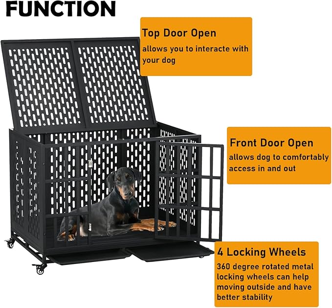 44 inch Heavy Duty Dog Crate with Wheels, Indestructible Escape-Proof Steel Pet Kennel for High Anxiety Large Medium Dogs, Chewproof Indoor Double Door Dog Kennel with 2 Trays, 3 Locks, XL
