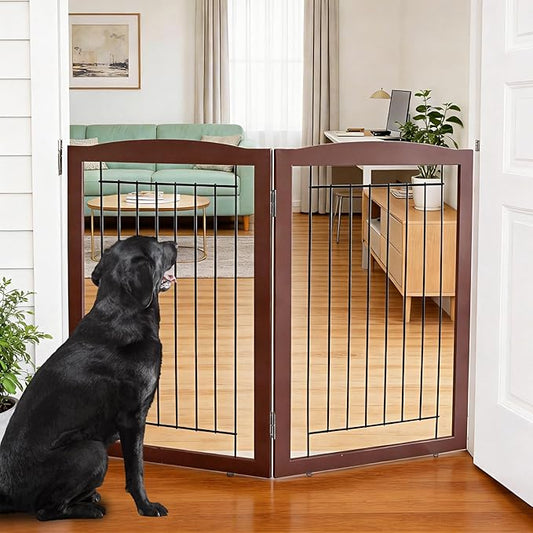 ZJSF Freestanding Foldable Dog Gate for House Extra Wide Wooden Indoor Puppy Gate Stairs Doorways Pet Gate Tall Dog Fence 2 Panels Fence Brown