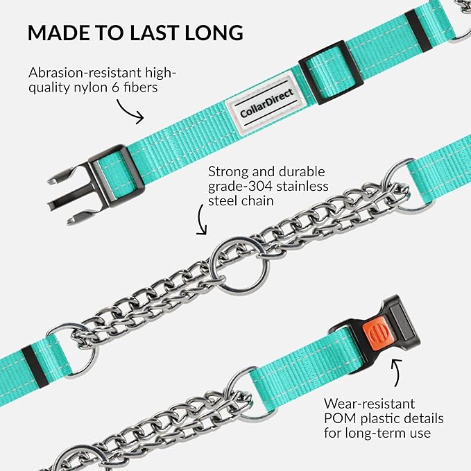 CollarDirect Martingale Dog Collar with Stainless Steel Chain and Quick Release Buckle - Reflective Collar for Large, Medium, Small Dogs - Mint Green, Small (Neck Size 12"-15")