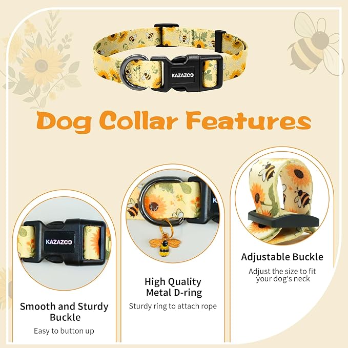 Kazazoo Dog Collar Cute and Soft Nylon Puppy Collar for Boy and Girl, Adjustable Dog Collars for Medium Large Dogs, Bees and Sunflowers-L