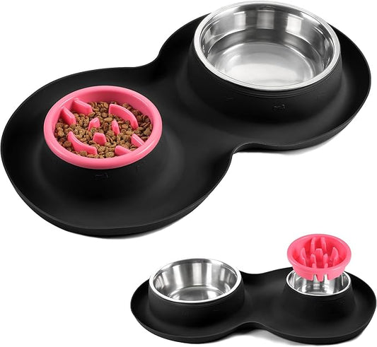 100% Waterproof BPA Free Pet Dog Bowls2 Stainless Steel（53oz+27oz） with 1.35“ Raised Edge Silicone Mat + Slow Feed Dog Water and Food Bowls for Feeding Small Large Dogs Cats Puppies (Black)