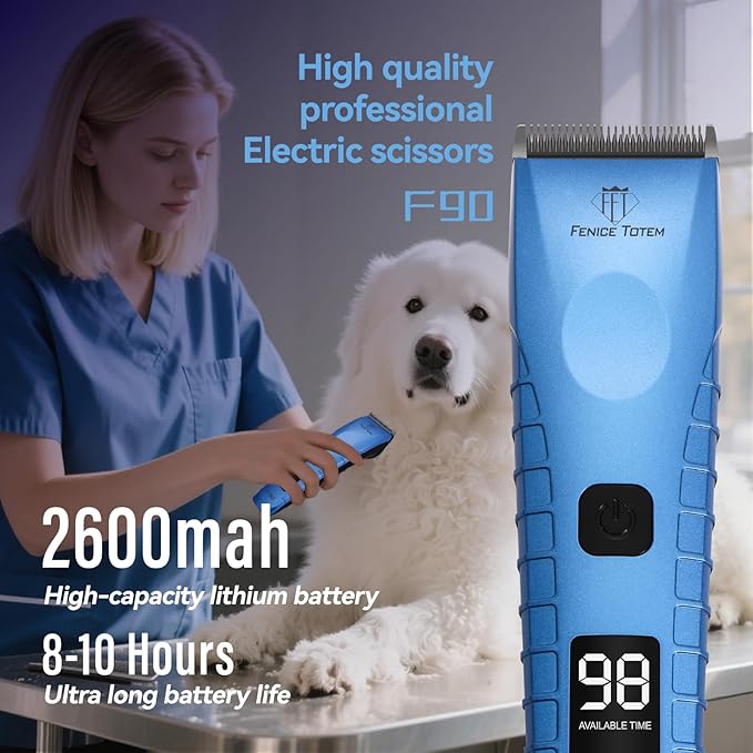 Professional Electric Dog Grooming Clippers, 2600mAh Battery, LCD Display, Type-C Charging, Silver (Blue)