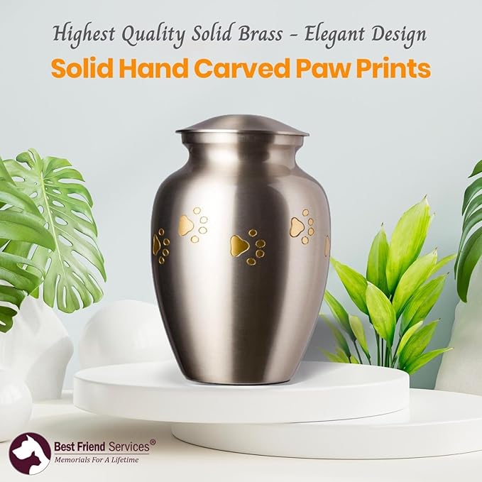 Ottillie Paws Legacy Series Pet Urn for Dogs, Handmade Brass Memorial Cremation Urn (X-Large - Pets up to 170 lbs, Pewter, Horizontal Brass Paws)