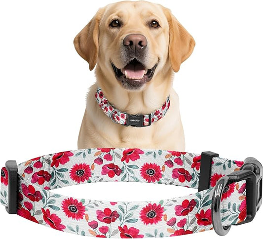 Kazazoo Dog Collar Cute and Soft Nylon Puppy Collar for Boy and Girl, Adjustable Dog Collars for Medium Large Dogs, Red Flowers-L
