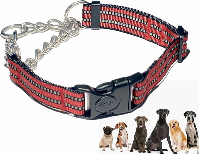 Martingale Collars for Dogs, Heavy Duty Stainless Steel Chain Training Collar, Reflective Nylon Adjustable Collar with Quick Release Buckle, Suitable for Puppy Medium Large Dogs (Red, XS)