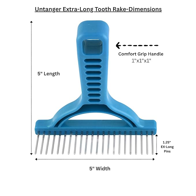 The Untangler Grooming Rake with Extra Long 1.25" silky smooth 360 degree rotating teeth to easily collect loose hair and groom(Blue)