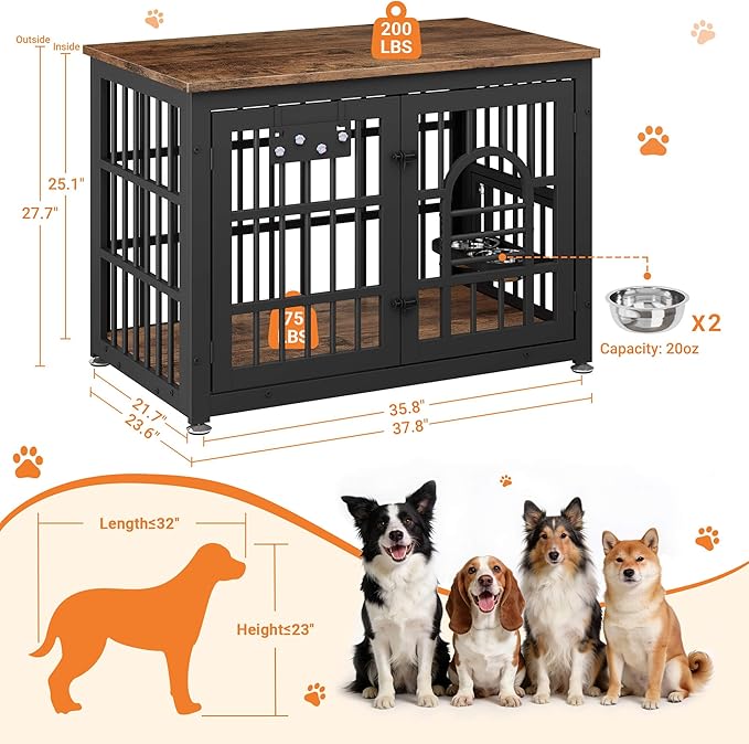 Dog Crate Furniture with Name Tag, Dog Kennel Indoor with 360° Rotating Feeder and Adjustable Heights Bowls, Wooden Decorative Pet Cage End Table for Small Medium Dogs, Rustic Brown 37.8" L