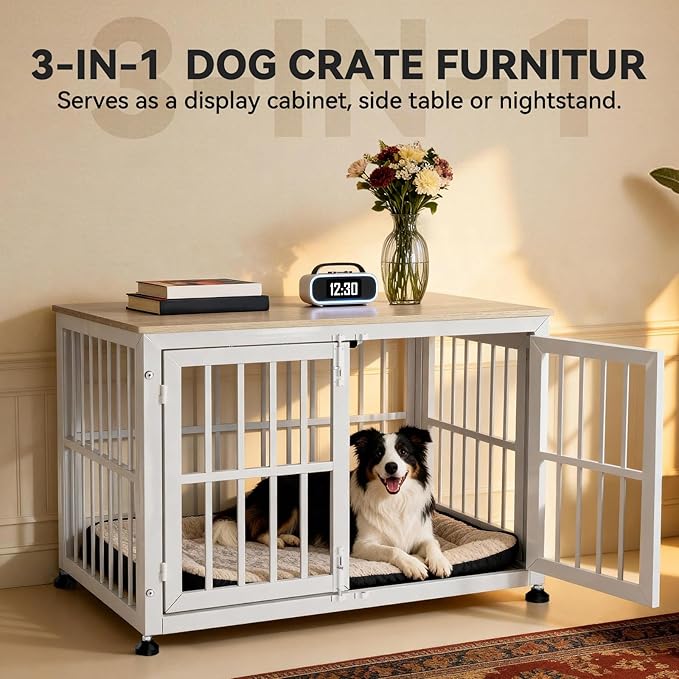 Oranland 42 Inch Heavy Duty Dog Crate Furniture,Dog Kennel Furniture Indoor for Large and Medium Dogs,Decorative Pet House End Table, 0.8 Inch Steel Tubes Wooden Cage/Max Load Capacity 300lbs/White