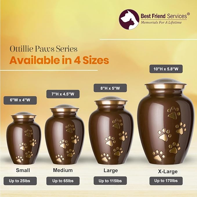 Ottillie Paws Legacy Series Pet Urn for Dogs, Handmade Brass Memorial Cremation Urn (X-Large - Pets up to 170 lbs, Harvest Brown, Brass Vertical Paws)