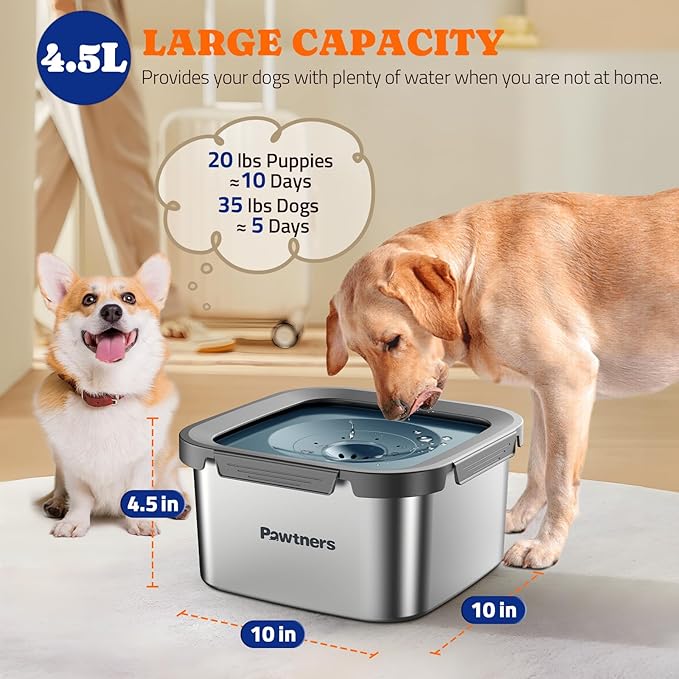Pawtners Dog Water Bowl No Spill, 152oz/4.5L Stainless Steel Dog Floating Bowl, Slow Water Bowl for Dog with Filter, Non-Slip Base, No Splash Water Bowl for Medium Large Messy Drinkers Blue