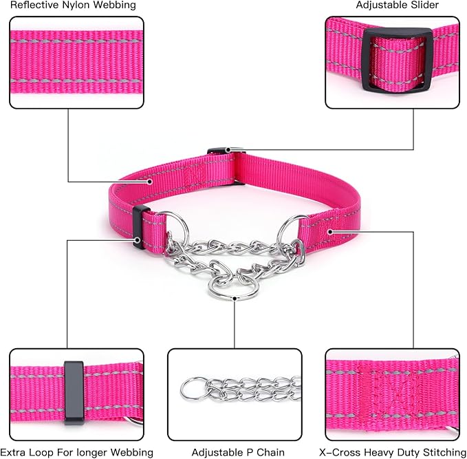 Martingale Dog Collar with Stainless Steel Chain and Leash Set, Martingale Collar with Reflective, 5FT Double Handle Dog Leash Padded, Adjustable for Medium Large Dogs (Black Collar, L)