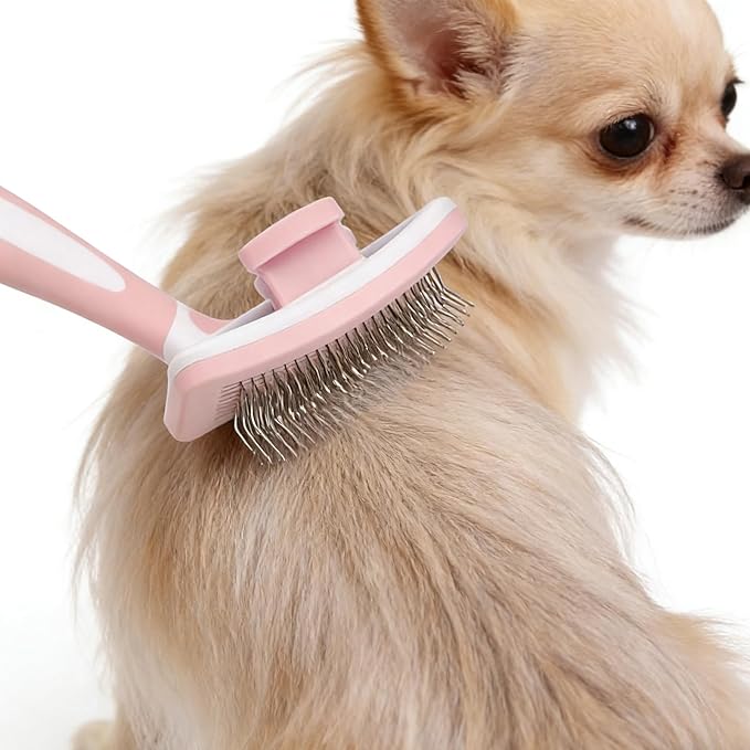 Self Cleaning Slicker Brush for Dogs & Cats, One-Click Pet Grooming Brush, Deshedding Brush for Long & Short Haired Pets, Pink 1 Pack
