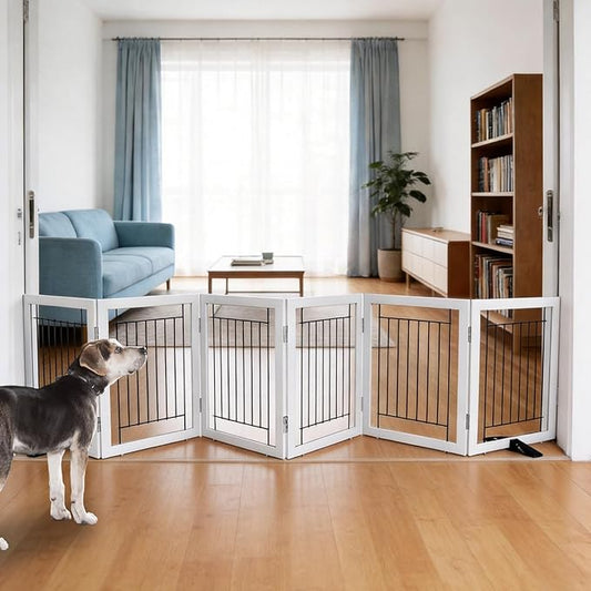 ZJSF Freestanding Dog Gate Indoor, Foldable Dog Fence for Doorways,Hallways or Stairs, Sturdy Wood Extra Wide Pet Gate with Support Feet,Grey,24 "Height-6 Panels