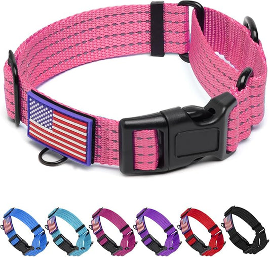 Martingale Dog Collar, Reflective No Pull Training Collar with Quick Release Buckle & USA Flag, Heavy-Duty Nylon, Adjustable for Small Medium Large Dogs (L,Pink with Flag
