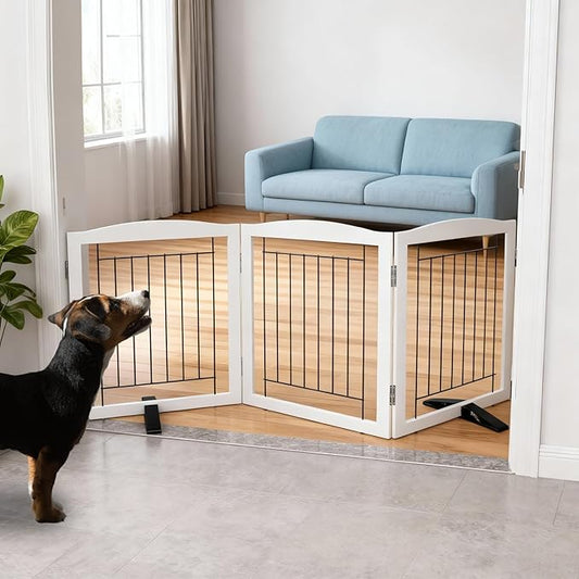 Dog Fence Indoor,Dog Gate Indoor for Doorway pet gate -3-Panel Freestanding, Hallways, House or Stairs -60x24-Inch Retractable Foldable Expandable Wood Pet by SFJC (White) ﻿ ﻿