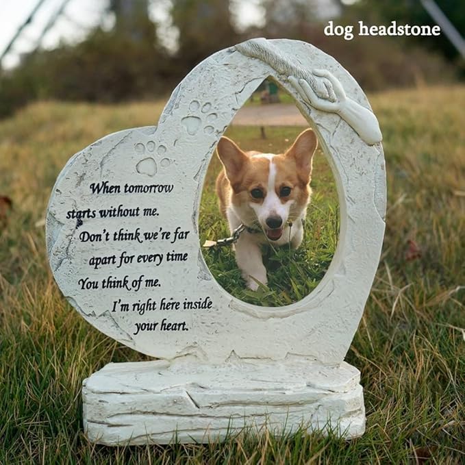 Heart Shaped Pet Dog Memorial Stones with Photo Frame, Pet Headstones Grave Stones for Dogs or Cats, Sympathy Pet Dog Memorial Gifts Remembrance Loss Gifts Outdoor or Indoor
