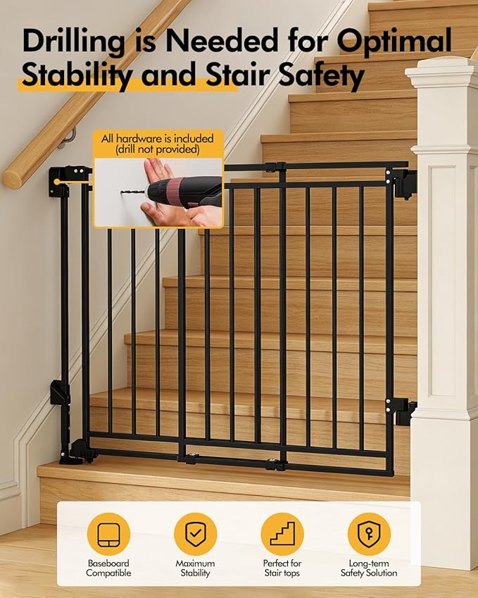 Extra Tall Baby Gate for Stairs Doorways & Kitchen, 26.4"-43" W x 39" H, No Bottom Bar Dog Gate, One-Handed Auto-Close, Hardware Mount Safety Gate for Dogs & Toddlers, Black