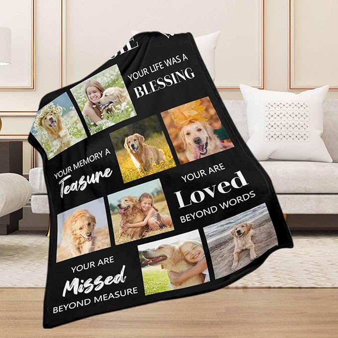 Custom Throw Mermorial Blanket with Dog Cat Pet Pictures & Name, Dog Memorial Blanket Personalized Memory Gift for Family and Friends Customized Bed Throw Blanket Sympathy Remembrance Made in USA