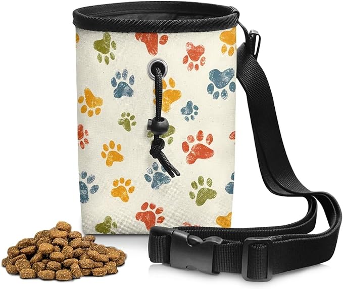 Colorful Paw Puppy Training Pouch 3 Ways to Wear, Hands-Free Design Dog Treat Pouch Pocket Sized Dog Training Treat Pouch Bag Dog Treat Carrier Holder with Waist Belt Shoulder Strap