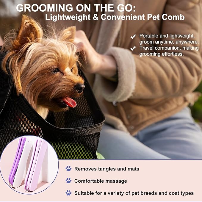 Foldable Dual-Head Puppy Brush, Small Dogs Interchangeable Combs Soft Bristles Portable Grooming Tool, Fit for Yorkie Shih Tzu Maltipoo Maltese (White and Purple)