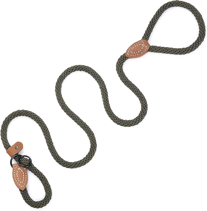 Mile High Life Slip Leads for Dogs | Heavy Duty Dog Training Leash | 5 Feet No Pull Slip Leashes w Leather Tip | Dark Green Rope Lead for Dogs Outside
