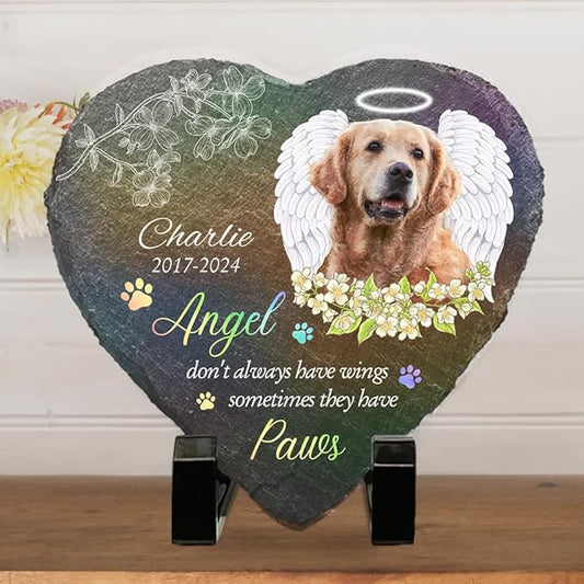 Wrappiness Pet Memorial Stone - Angels Sometimes Have Paws, Personalized Dog Memorial Gifts, Remembrance Condolences Bereavement Gifts for Loss of Pet Custom Photo (Heart 07, Stone with Stand)