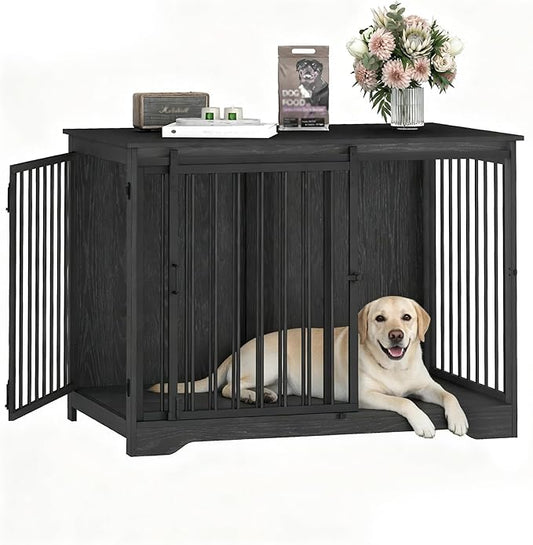 43.3" Dog Crate Furniture with Barn Door, Heavy Duty Dog Kennel Indoor with 2 Doors, Wooden Pet Cage End Table for Large Small Medium Dogs, Anti-Chew Anti-Escape, Black DFC92304B