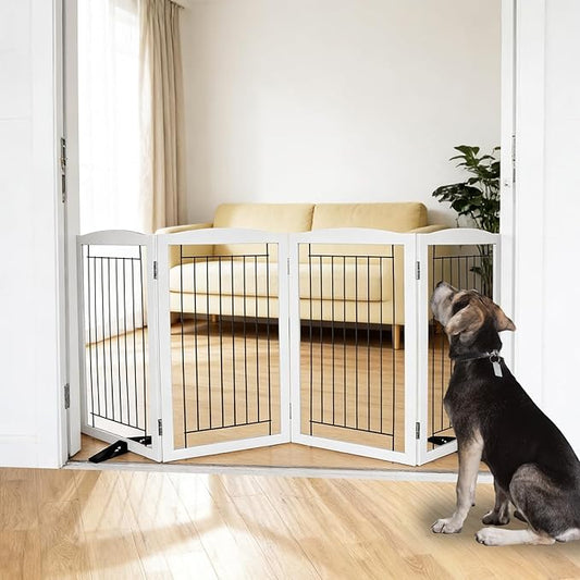 Dog Fence Indoor,Dog Gate Indoor for Doorway pet gate -4-Panel Freestanding, Hallways, House or Stairs -80x32-Inch Retractable Foldable Expandable Wood Pet by SFJC (White)