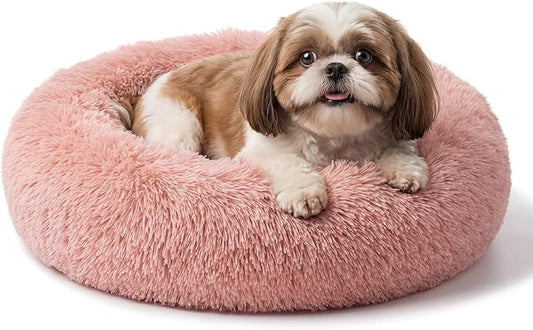 Calming Donut Dogs Beds for Small Dogs Washable,23inch Plush Round Pet Bed for Cozy Sleep,Fluffy Faux Fur Large Cat Bed,Fits up to 25 lbs Pets,Pink