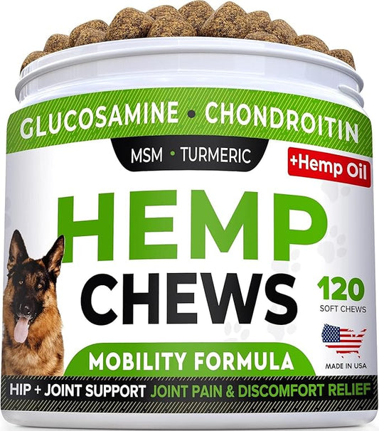Glucosamine for Dogs w/Chondroitin - Hip & Joint Supplement for Dogs w/Omega-3 Fish Oil - Chondroitin MSM - Advanced Mobility Chews - Joint Pain Relief - Hip & Joint Care - Made in USA (120Ct)