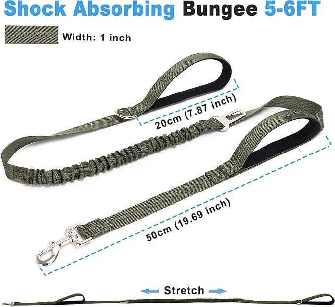 5FT Double Handle Tactical Dog Leash with Shock Absorption, Reflective Heavy Duty Bungee Dog Leash for Medium Large Pull Dogs Walking Training, Army Green