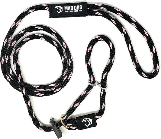 Mad Dog Products Easy Leader Dog Leash 1/2" x 8' Black/Pink Signature Rope - Made in USA