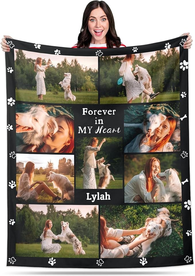 Pet Memorial Blanket Gift - Personalized Dog Memorial Blanket with Photo Name, Pet Sympathy Gifts for Dogs Lovers, Custom Loss of Dog Grief Blankets, Pets Remembrance Bereavement Gifts (9 Photos)
