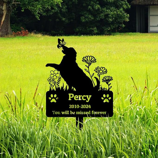 Goodqueen Personalized Flowers Dog Memorial Stake Metal Outdoor Grave Marker with Paws, Custom Name Pet Memorial Grave Marker Dog Garden Sign with Stake, Customized Butterfly Dog Memorial Plaque