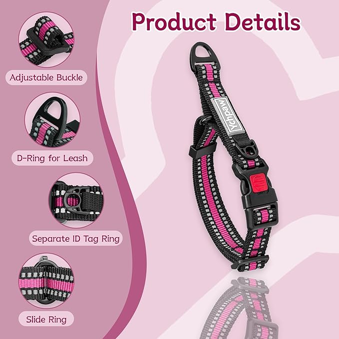 Martingale Collar for Dogs Reflective Collar with Quick Release Buckle, Adjustable Nylon Collars for No Slip Dog Collar, Hot Pink, S
