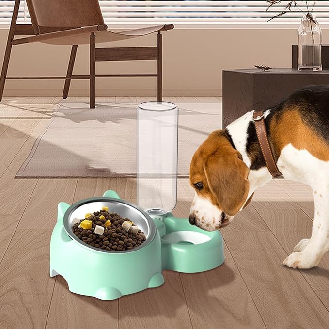 Dog Bowls, Cat Food and Water Bowl Set 16 Degree Tilted Dog Dish with Water Dispenser Automatic Dispenser Bottle Spill Proof Pet Feeder for Cats and Dogs