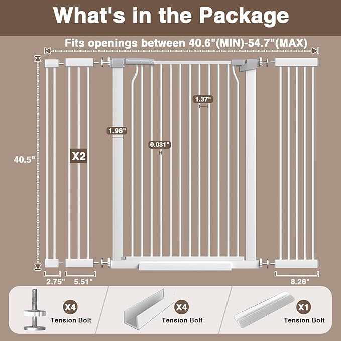 41" Extra Tall Cat Gate for Doorway, 40.6-54.7 Metal Pet Baby Safe Gate, Extra Wide Pressure Mounted Child Door with Expansion Kit, No Drilling No Climb Cat Fence Indoor, Tall Dog Gate, White