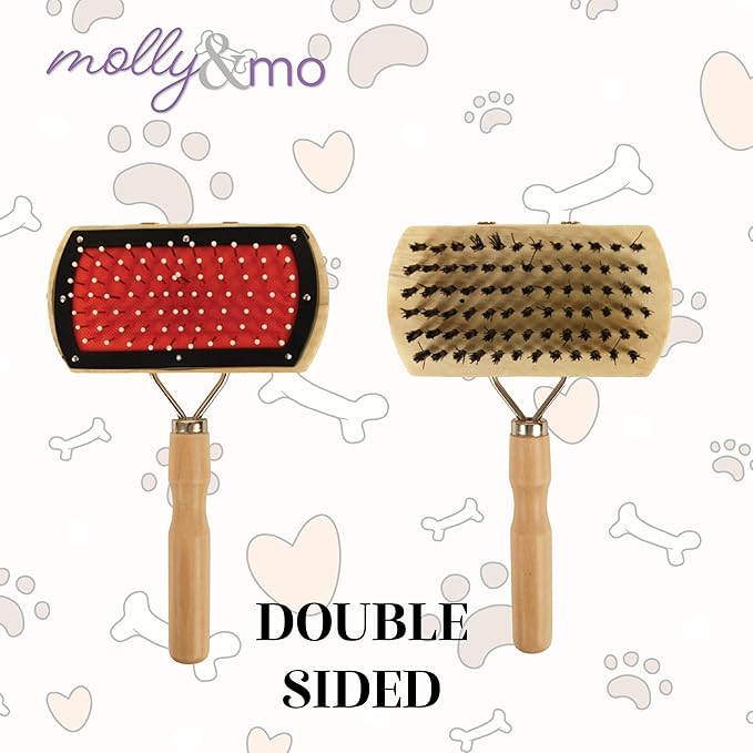 Double-Sided Dog 7 Inch Grooming Brush with Wood Handle, 2-In-1 Pin and Bristle Brush for Pet Hair
