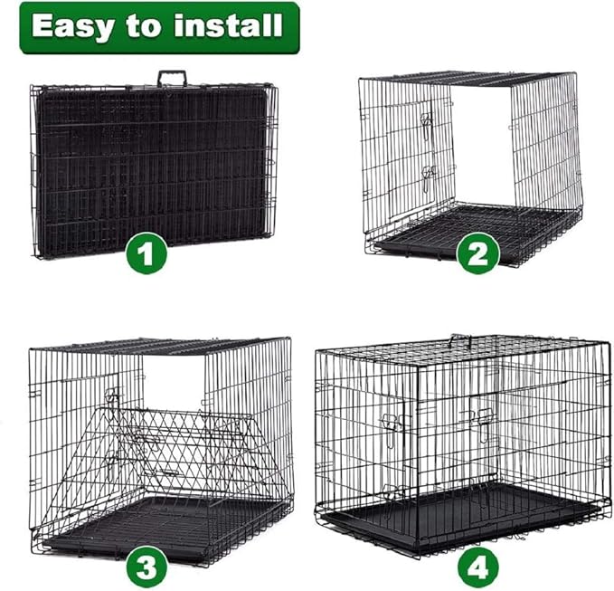 HGS 42-Inch Dog Crate Dog Cage Metal Wire Dog Kennel Large Dog Cage Folding Puppy Crate Outdoor Indoor Animal Pet Cage with Handle and Plastic Tray, 2 Doors (with Safety Lock), Black