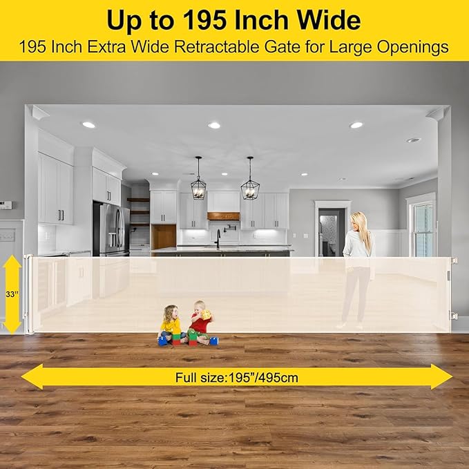 195 Inch Extra Wide Retractable Baby Gate for Large Openings, 33" Tall Extra Long Dog Gate for Doorway and Stairs Indoor Outdoor Retractable Pet Gate Long Mesh Child Gates for Kids or Pets, Beige