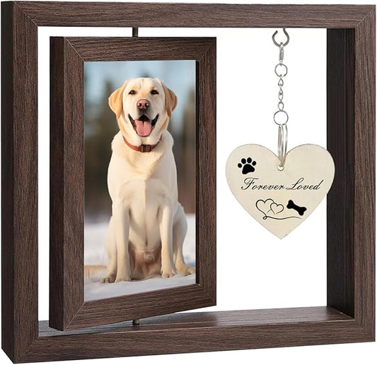 Pet Memorial Gift - Rotating Wooden Picture Frame for Dog or Cat, Heart Pendant & Holds Two 4x6 Photos, Sympathy Remembrance in Memory of Pet for Family Friend