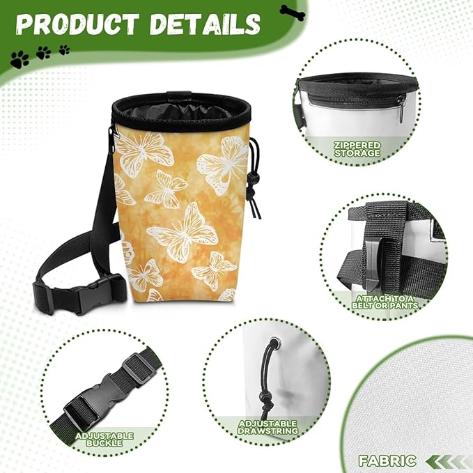 Butterflies Puppy Treat Bag 3 Ways to Wear, Dog Treat Pouch Closes Easy to Prevent Spills Pocket Sized Puppy Dog Training Treat Bag Perfect for Long Walks Or Training