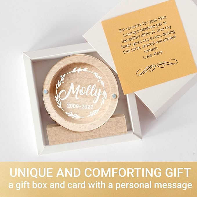 Personalized Pet Hair Keepsake Box for Dog and Cat Fur - Engraved Wood Memorial Box - Unique Customized Gift for Loss of Furry Friend Wooden (Light Round Wood/Acrylic Lid)