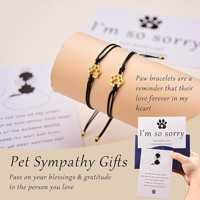 OOW Pet Memorial Gifts for Loss of Dog, Gold Paw Print Bracelets (2 Pack) for Beloved Cat, Loss of Dog Sympathy Gift, Thoughtful Dogs Remembrance, Bereavement Gifts