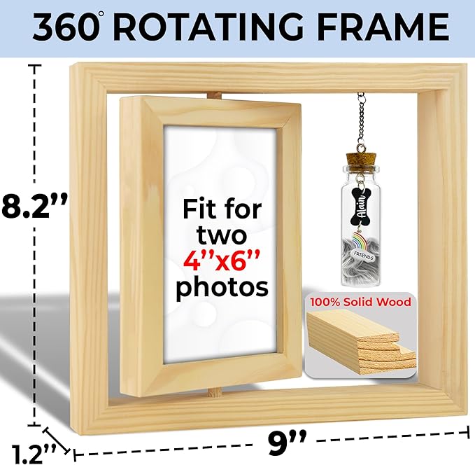 Pet Memorial Gift for Dogs, Natural 360 Rotating Wooden Picture Frame 4x6 Photo, Pet Hair Keepsake Fur Jar Rainbow Bridge , No Longer By My Side But Forever in My Heart, Animal Loss Gift PR-3N