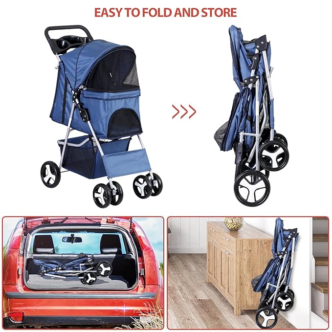 LEMY Pet Stroller,4 Wheels Dog Cat Stroller with Storage Basket&Cup Holder,Folding Dog Cat Cage Jogger Strollers for Small Medium Dogs Cats Travel,Navy Blue