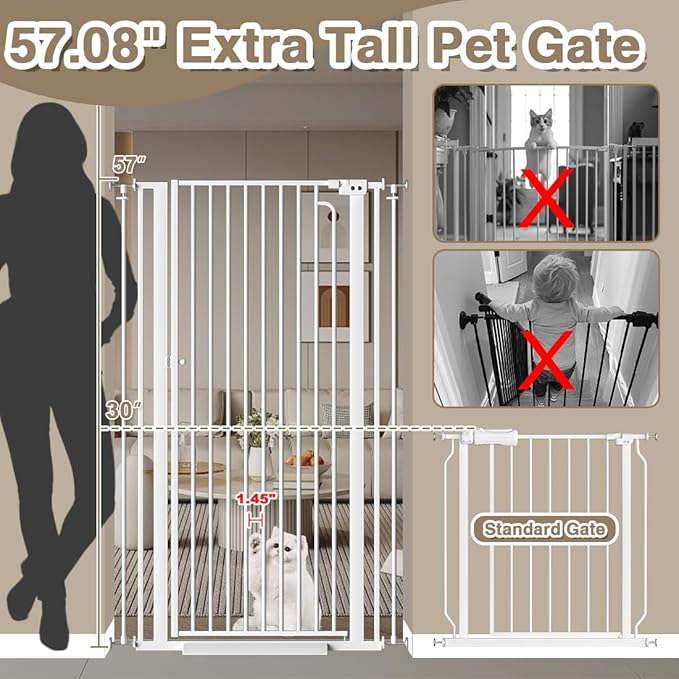 Extra Tall Cat Gate, Tall Safety Baby Gate for Doorways & Stairs, Easy Install Pressure Mounted Dog Gates, Auto-Close Walk Thru Pet Gate for The Babies