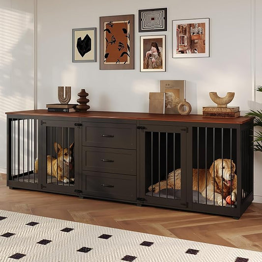 Dog Crate Furniture, Indoor Wooden Farmhouse Dog Kennel Furniture with 3 Drawers & 2 Lockable Doors, 95"x23.6"x32"H, Black