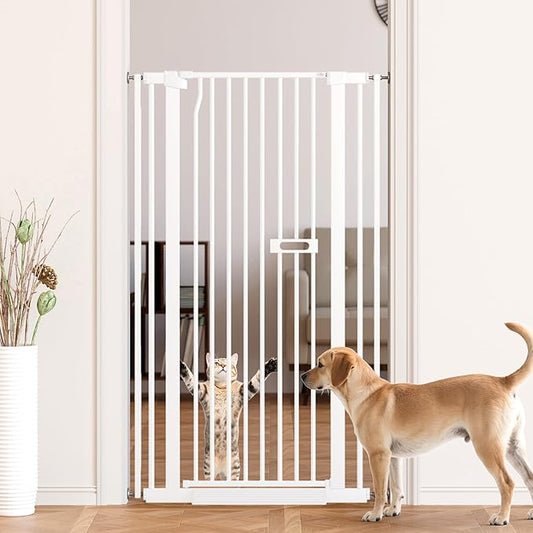 55.1" Extra Tall Cat Gate for Stairs, 26.1-29.7" Wide Auto Close Cat Gate Indoor for Doorway/Hallways/Kitchen, No Drilling High Pressure Mounted, 1.37" Narrow Bar Spacing, White